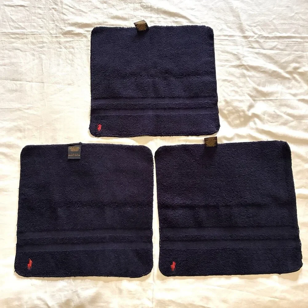 7pc set VTG Ralph Lauren Home Hand Towels & Washcloths Navy Blue Red Pony USA